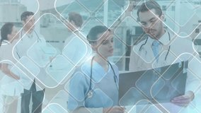 Nurse holding radiograph and doctor leaning in initiating subtle network overlay for medical review. Medical, teamwork, collaboration, innovation, clinical, technology, healthcare - Powered by Shutterstock - Get 15% off with code: PIKWIZARD15