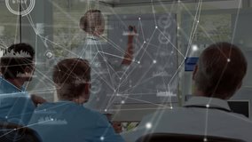 Woman doctor grabbing marker writing medical report to present while overlaying network nodes. Medical professional, collaboration, digital visualization, healthcare, conference, teamwork, technology - Powered by Shutterstock - Get 15% off with code: PIKWIZARD15