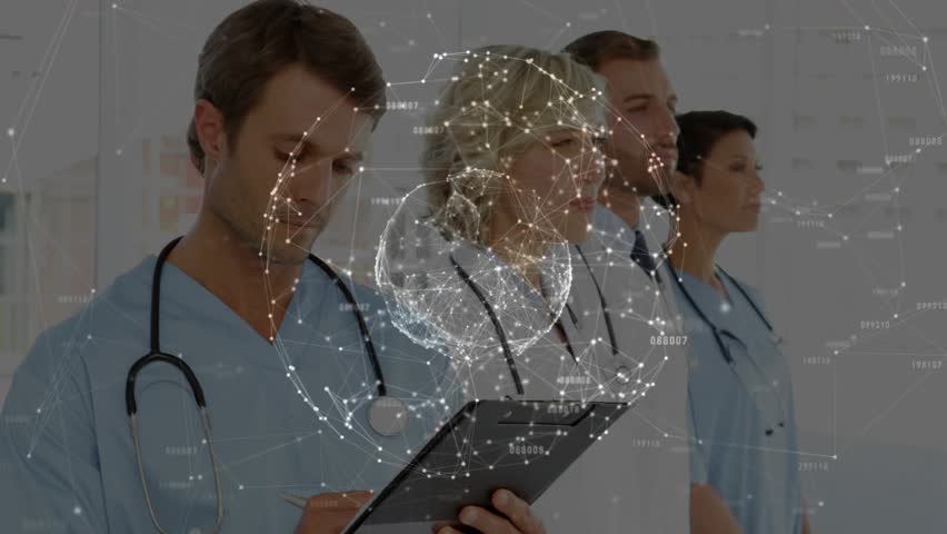 Clinician writing notes activating globe illustrating medical tech integration with team. Medical, teamwork, innovation, digital, collaboration, futuristic, professionalism - Powered by Shutterstock - Get 15% off with code: PIKWIZARD15