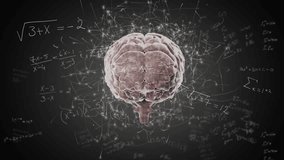 3D brain model appearing triggers rotation with pulsing lines and chalk equations visualizing math. Neuroscience, cognitive, visualization, digital, innovation, education, technology - Powered by Shutterstock - Get 15% off with code: PIKWIZARD15