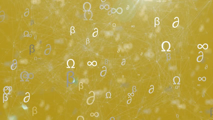 At start Greek symbols drifting, fading and gliding across golden gradient visualizing math concept. Abstract, minimalism, digital art, futuristic, science, education, conceptual