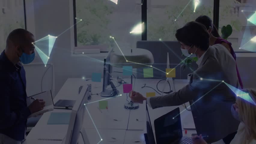 Masked team jotting ideas and placing notes on lamp showing business network lines forming 3D globe. Collaboration, innovation, data, technology, workplace, brainstorming, digital - Powered by Shutterstock - Get 15% off with code: PIKWIZARD15