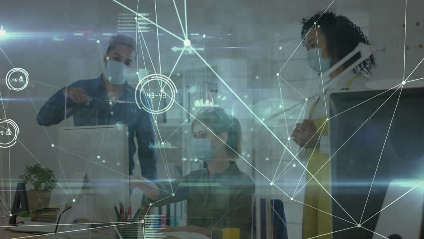 Team in office reviewing business data as male pointing activating holographic charts and graphs. Collaboration, digital interface, data visualization, teamwork, futurism, office environment, - Powered by Shutterstock - Get 15% off with code: PIKWIZARD15