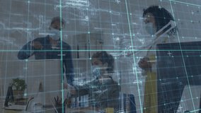 Data analyst pointing at monitor initiating holographic grid overlay while team discussing charts. Collaboration, technology, innovation, digital, communication, futuristic, workspace - Powered by Shutterstock - Get 15% off with code: PIKWIZARD15