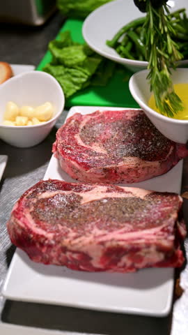 Chef preparing raw ribeye steak with gloves. Close-up of a chef wearing black gloves preparing raw ribeye steak in the kitchen.