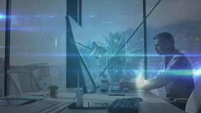 Male professional typing in modern tech office activating hub spawning network nodes above desk. Technology, connectivity, innovation, skyscraper, automation, digital, workspace - Powered by Shutterstock - Get 15% off with code: PIKWIZARD15