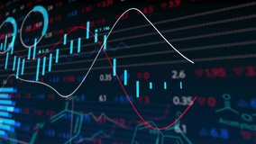 On startup panel animating candles, trend lines, code and hexagons showing pie and bar shifts. Analytics, dashboard, infographic, data science, futuristic, technology, visualization - Powered by Shutterstock - Get 15% off with code: PIKWIZARD15