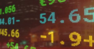 On load LED ticker updating currency rates and cycling values showing live market trends skyline. Financial, technology, data, digital, urban, modern, analytics - Powered by Shutterstock - Get 15% off with code: PIKWIZARD15