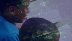 Boy tracing then flipping page corner while studying in school as data streams intensifying, fading. Education, learning, literacy, student, innovation, digitalenvironment, academic - Powered by Shutterstock - Get 15% off with code: PIKWIZARD15