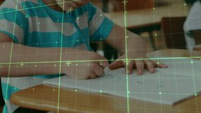 Upon green grid overlay appearing boy writing at desk in education while overlay mapping movement. Children, education, classroom, technology, focus, learning, study - Powered by Shutterstock - Get 15% off with code: PIKWIZARD15