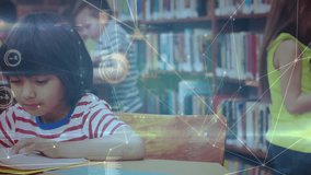 Schoolgirl opening book at library table and initiating animated education data-network overlay. Learning, education, library, study, literacy, digital, youthful - Powered by Shutterstock - Get 15% off with code: PIKWIZARD15