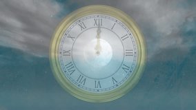 Clock hands nearing midnight rotating, moon drifting and clouds swirling showing dawn transition. Meteoric, celestial, minimalist, surreal, dreamy, atmospheric, symbolism - Powered by Shutterstock - Get 15% off with code: PIKWIZARD15