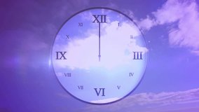 Starting near I-II, clock hands swinging, sweeping on clock face in purple sky showing time. Abstract, surreal, minimalism, twilight, motion, tranquility, celestial - Powered by Shutterstock - Get 15% off with code: PIKWIZARD15