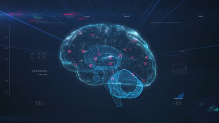 Upon appearing 3D-render brain rotating, markers and thumbs-up icons highlighting brain activity. Scientific, futuristic, technology, innovation, neuroscience, visualization, data