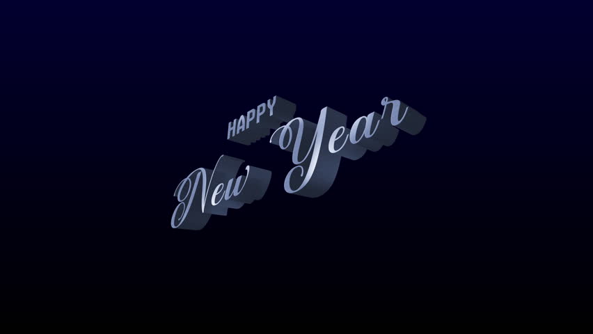 3D Happy New Year metallic lettering floating on a dark blue gradient, festive and minimal for holiday greetings and seasonal design. 4K video
