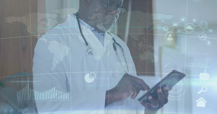Senior male physician tapping tablet and activating world map overlays for global medical analysis. Medical, technology, healthcare, digital, professional, innovation, analytics