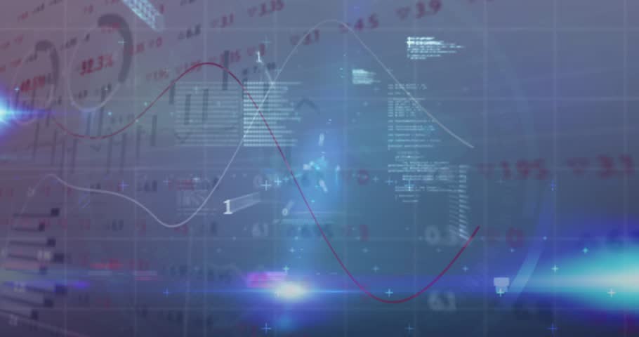 Pointer gliding from upper-right causing bars rising with percentages + red blue line graphs moving. Futuristic, technological, data, analytics, information, digital, modern