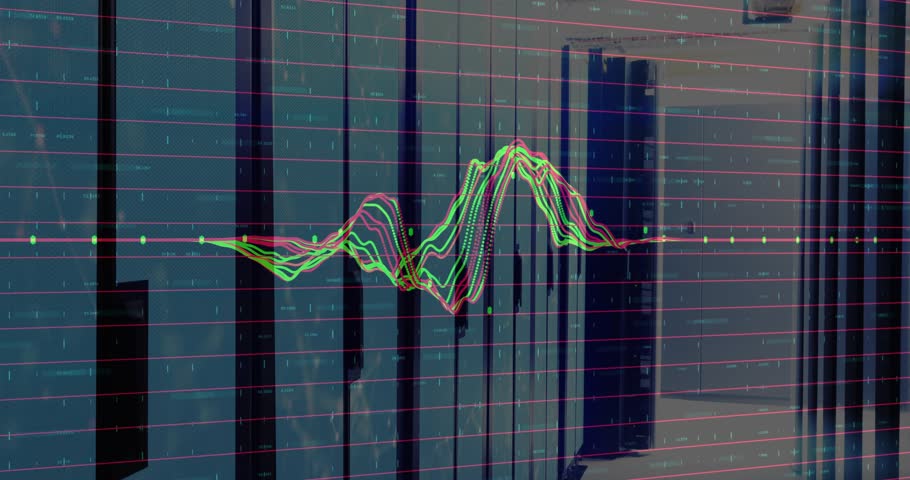 Flat waveform appearing at center and growing into peaks showing audio fluctuation over glass walls. Data, technology, digital, futuristic, abstract, innovation, visualization