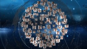 on loading professionals forming rotating globe of portraits with grid lines showing global network. Technology, connectivity, innovation, digital, abstract, professional, data visualization - Powered by Shutterstock - Get 15% off with code: PIKWIZARD15