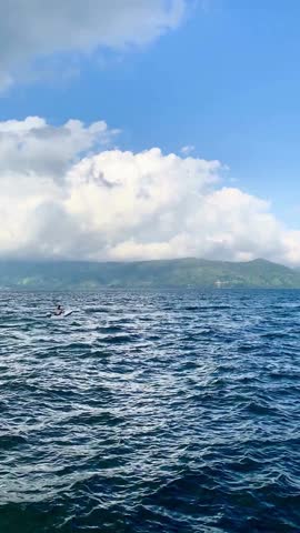 eaceful morning view over Lake Toba in North Sumatra, Indonesia, featuring calm waters, mountain silhouettes, and tropical palm trees under a soft, cloudy sky.