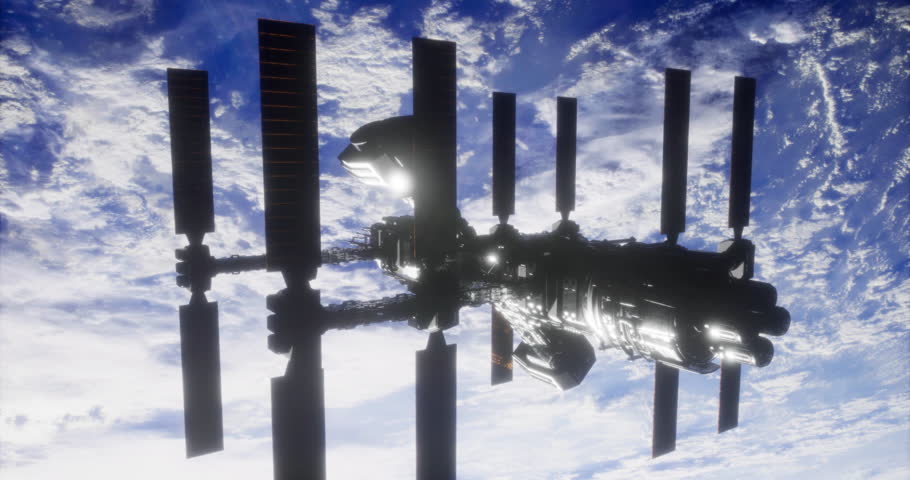 A large space station floats in the vastness of space, surrounded by vibrant clouds. The sunlight reflects off the stations structure, creating a captivating scene from above Earth.
