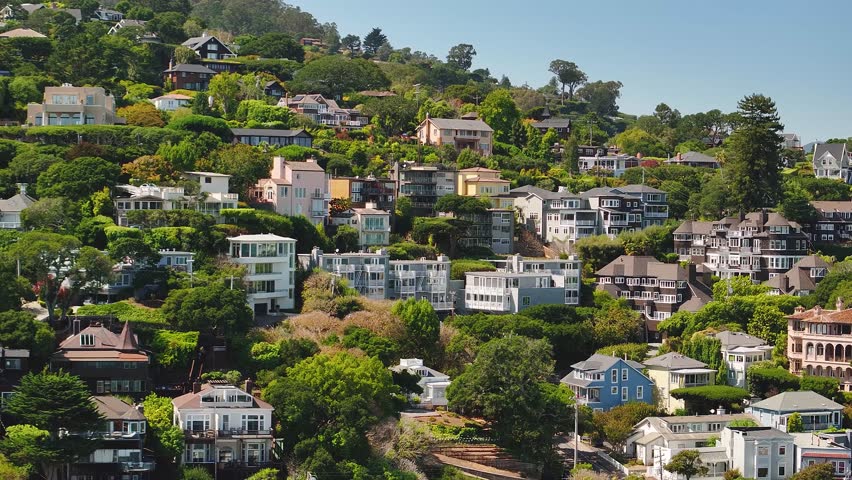 Aerial view of hillside houses nestled among verdant trees and shrubs, creating a vibrant tapestry of colors and textures, Sausalito, California, United States.