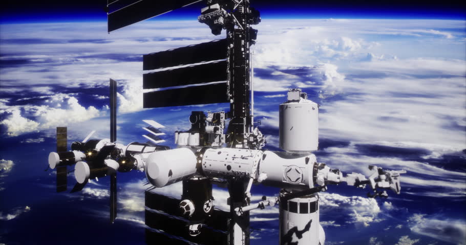 The International Space Station floats above Earth, surrounded by a vast expanse of clouds and blue sky, showcasing human ingenuity in space exploration and research.