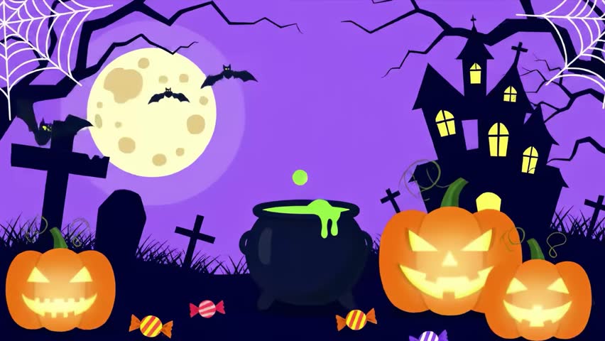 Halloween 2D Flat Design Animation with Pumpkins, Bats, and Spooky Elements