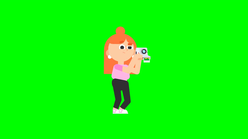 3D green screen girl holding polaroid camera animation for creative digital assets, ideal for editing, marketing, and multimedia projects with isolated transparent background.
