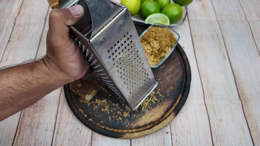 close-up shot of a person's hands grating a block of panela (raw cane sugar) with a grater, showing the detailed process of preparing a traditional drink venezuelan limeade recipe