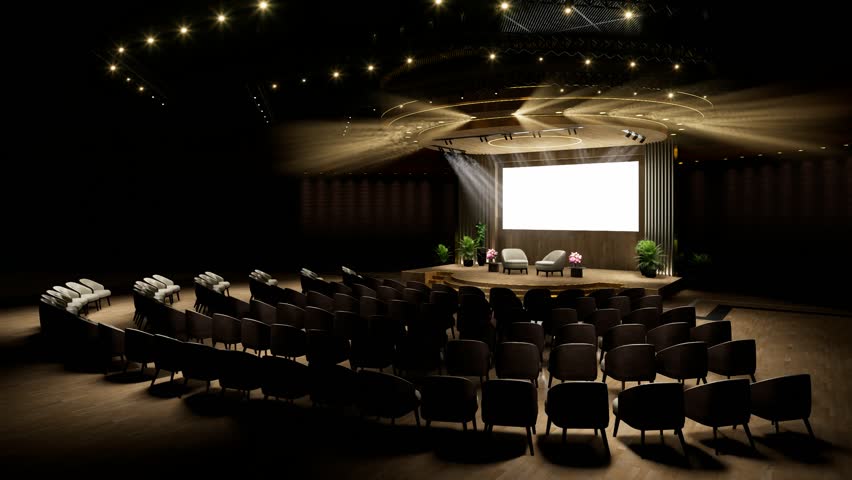 Round Event Stage with Round Truss Lighting and Seating. 3D Render. 3D Illustration.