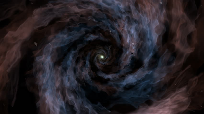 Cosmic Spiral Vortex Center Illuminates Dark Swirls Mysterious Space Scene. A dramatic cosmic spiral pulls toward a glowing core, with blue and brown gas clouds rippling through deep space. 
