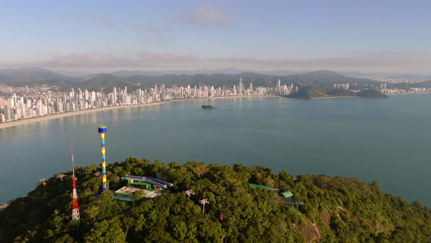 Aerial view of Parque Unipraias in Balneario Camboriu, Santa Catarina, Brazil, city iconic skyline and Atlantic coastline
