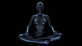 Woman in chrome glossy body sitting in lotus pose on black background. Abstract futuristic 3d animation for meditation and relaxation. Fashion motion concept design. - Powered by Shutterstock - Get 15% off with code: PIKWIZARD15