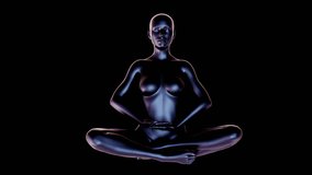 Abstract futuristic 3d animation for meditation and relaxation. Woman in chrome glossy body sitting in lotus pose on black background. Fashion motion concept design. - Powered by Shutterstock - Get 15% off with code: PIKWIZARD15