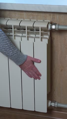 A person checks the radiator's temperature. Concept of heating season