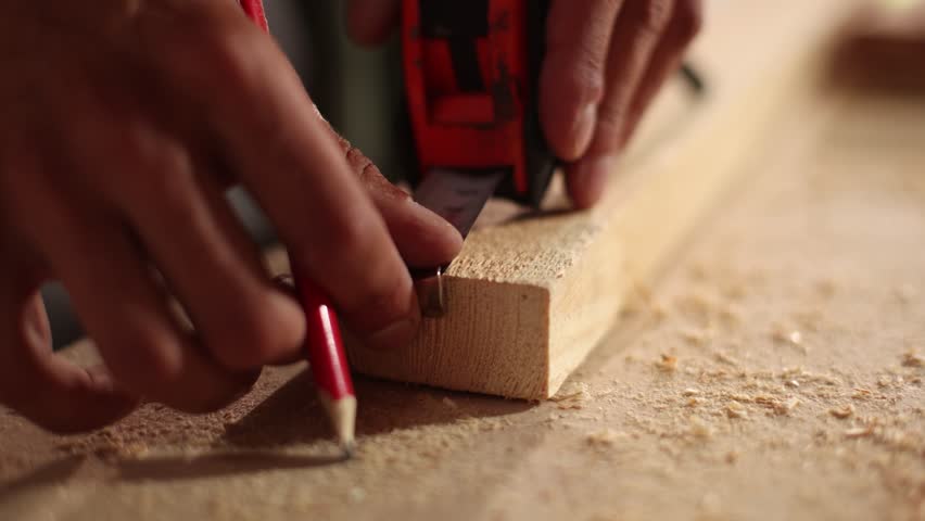 A person is using a tape measure to measure a piece of wood