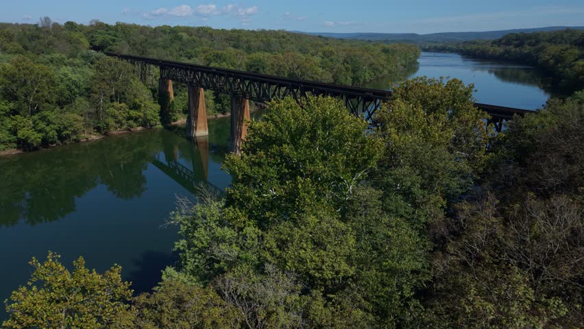 Experience the stunning aerial views of the Potomac River in Shepherdstown, West Virginia, showcasing its vibrant autumn colors, the Potomac River, and historic architecture.