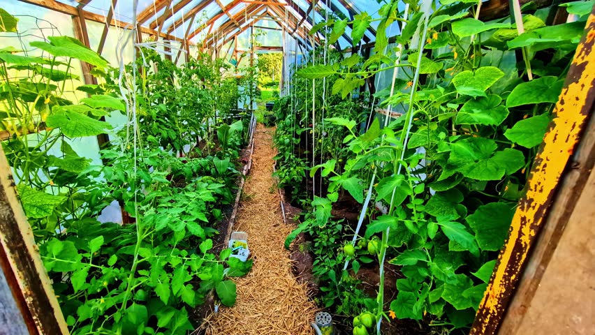 Entering the tomato and pumpkin garden in the greenhouse in Bene, Latvia