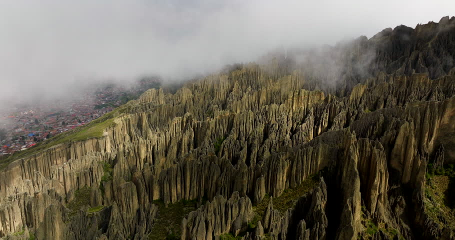 Incredible dramatic Valle de las Animas mudrock formations in La Paz, aerial