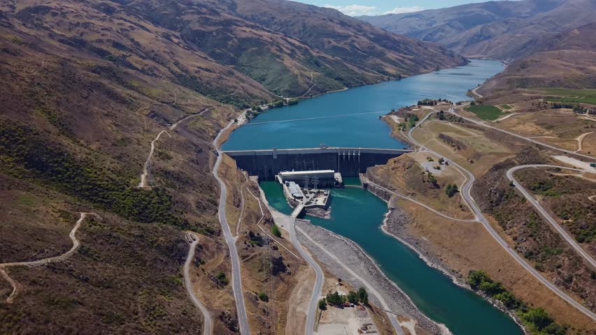 Aerial view of Clyde Dam in New Zealand, next to Cromwell, Lake Dunstan