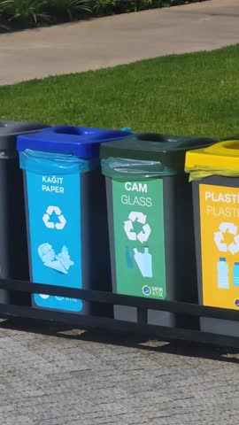 Plastic bins, garbage cans, recycling. Colored boxes, waste sorting, metal, plastic, glass, paper, organic. Colorful waste, with recycling sign. Saving the natural environment. An ecological approach 