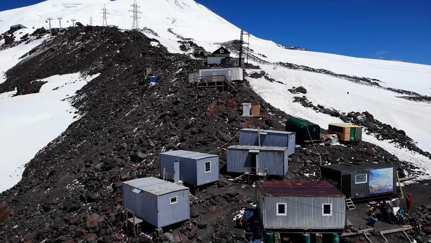Aerial view of mount elbrus base camp huts