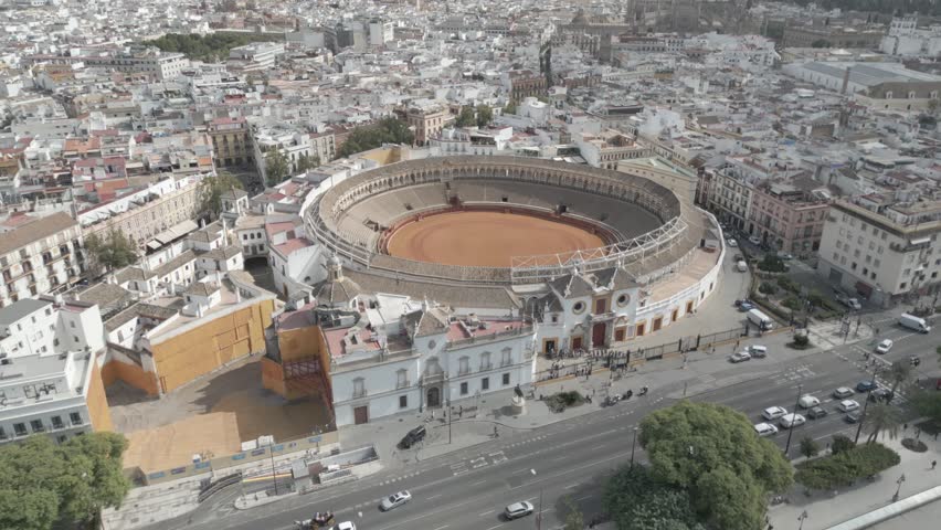 aerial view of Plaza de Toros de la Real Maestranza de Caballería de Sevilla, Seville, Spain