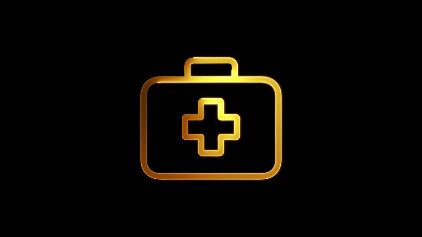 First aid kit icon animation by golden color neon mask glow on black background.