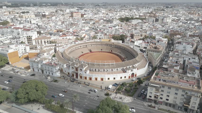 aerial view of Plaza de Toros de la Real Maestranza de Caballería de Sevilla, Seville, Spain