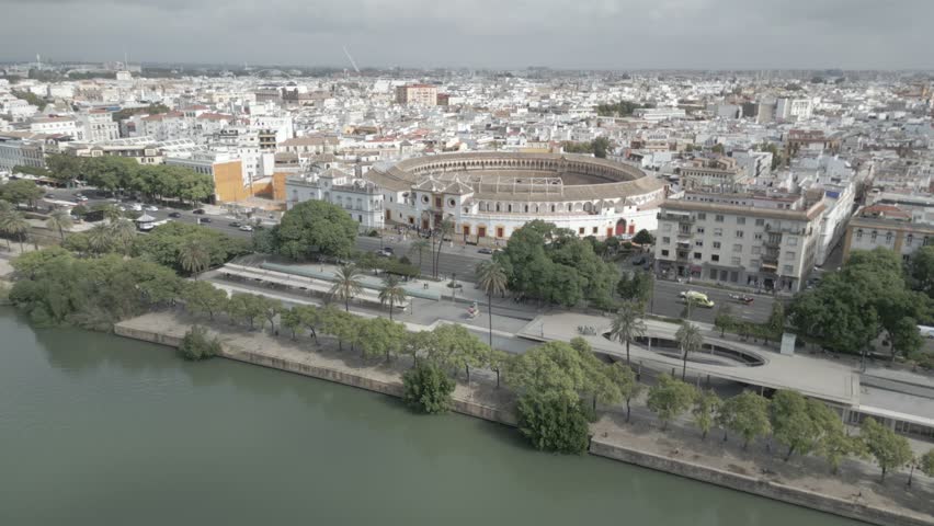 aerial view of Plaza de Toros de la Real Maestranza de Caballería de Sevilla, Seville, Spain