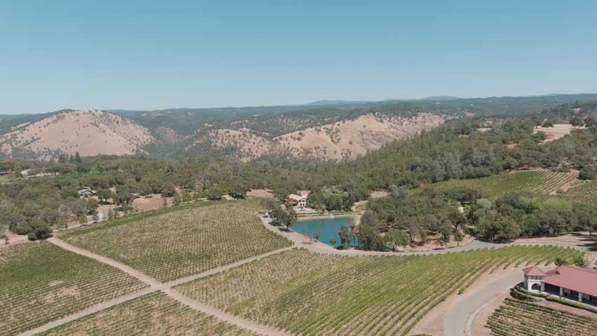 Lateral drone panning shot over vineyards, house, pond, and Sierra Nevada foothills under clear sky.