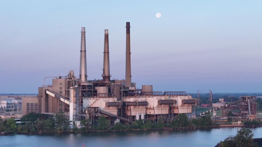 Moon Rises Behind DTE River Rouge Power Plant on Detroit River in Michigan