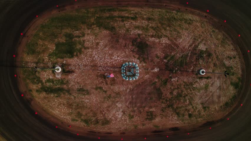 Top Down Aerial View of Empty Dirt Track Oval Speedway and Geometric Layout. Fargo, North Dakota, USA